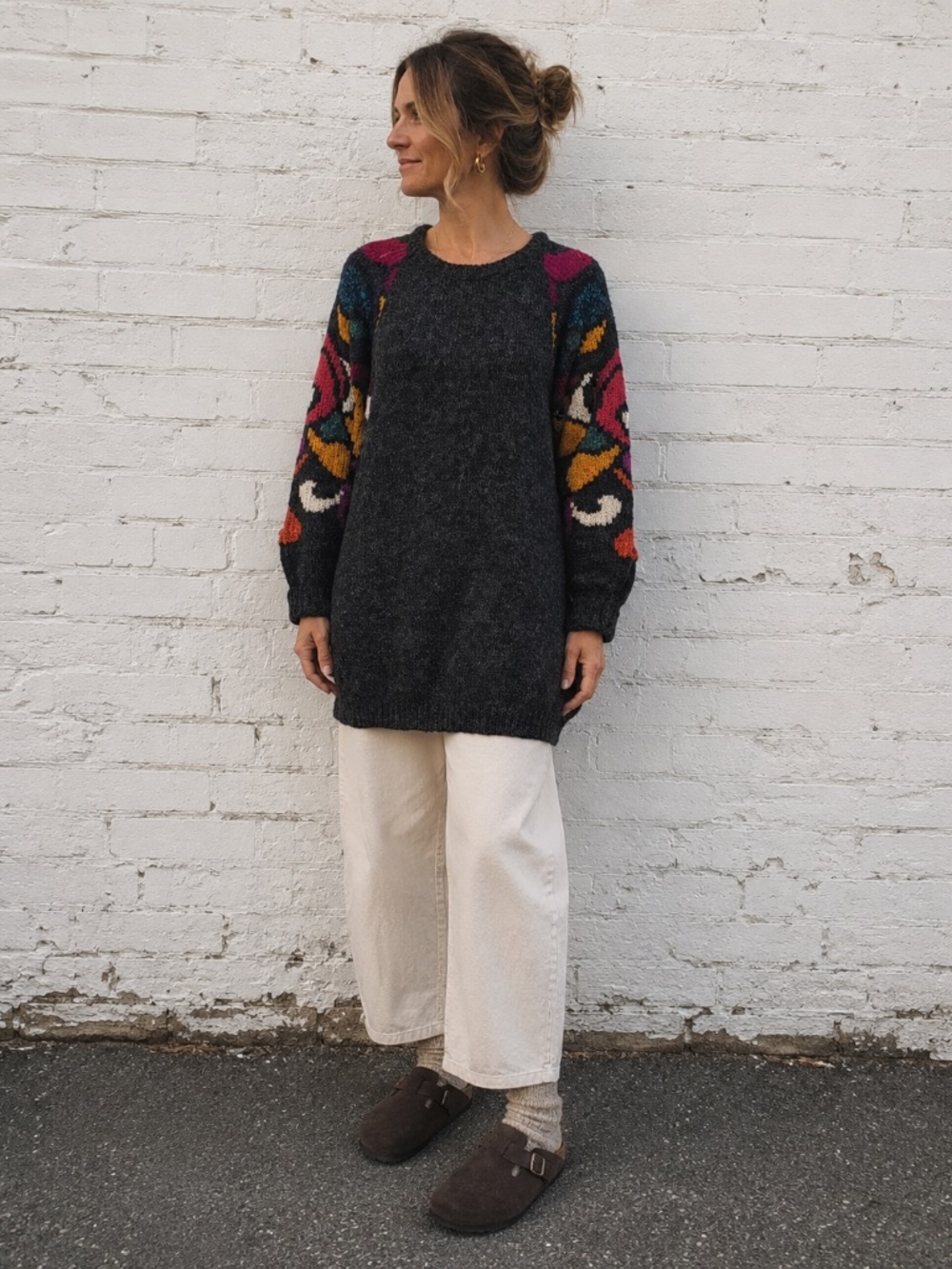 VTG 80s Abstract Intarsia Sleeve Sweater | Wool Blend Oversized Tunic | M